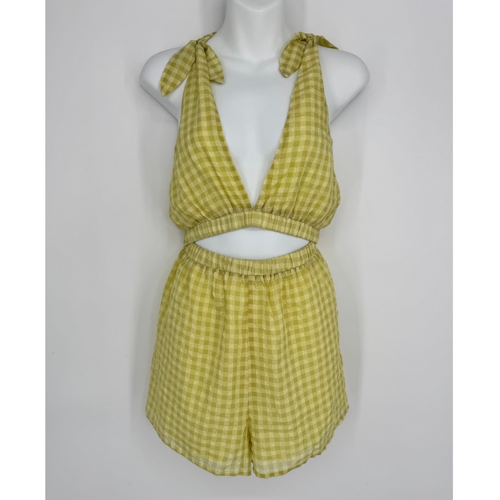 Tularosa Briony Romper Medium Green Gingham Cut Out Tie Shoulder Summer Picnic